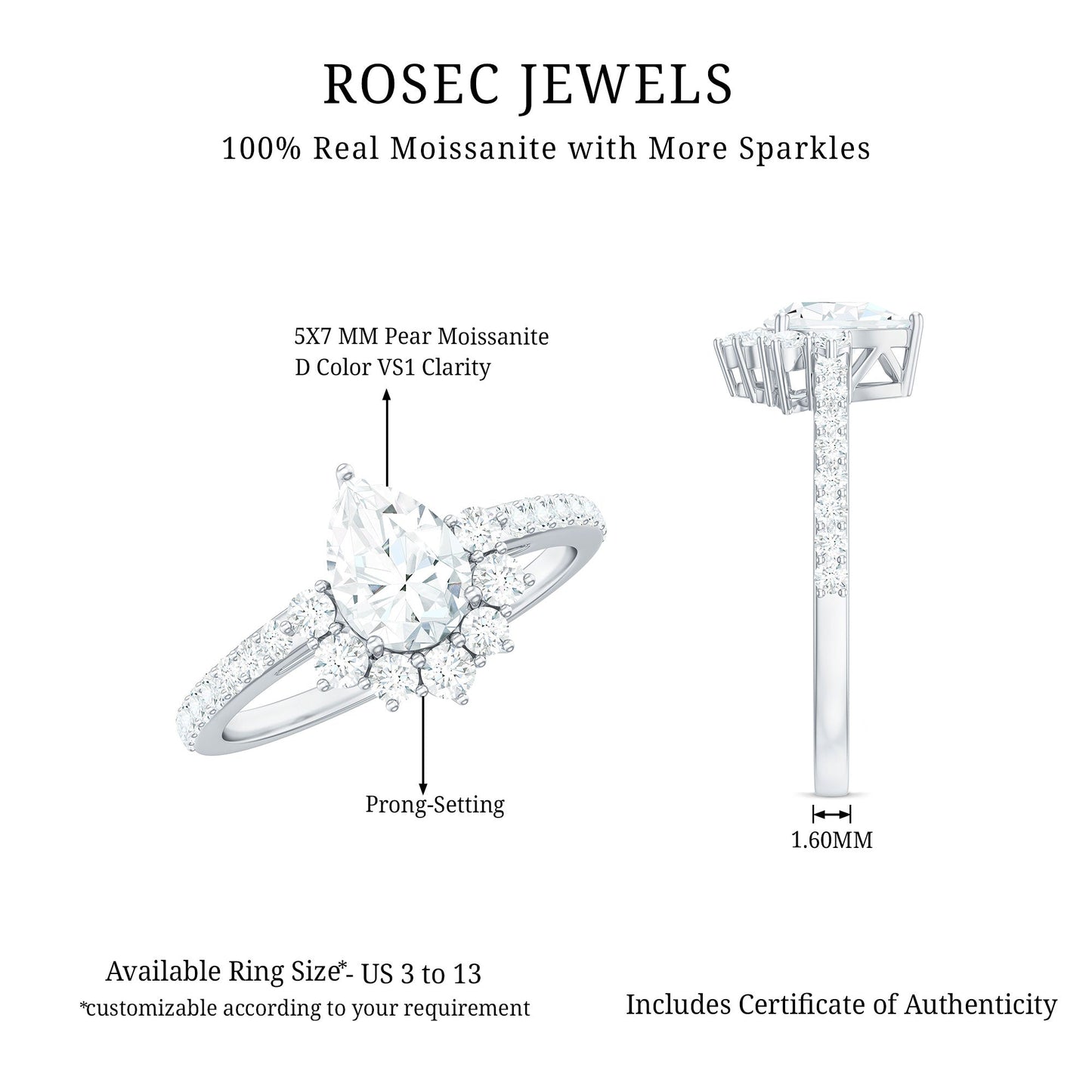 Moissanite Teardrop Engagement Ring with Half Halo