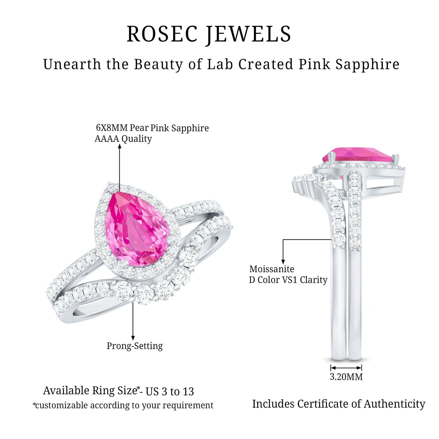 Pear Created Pink Sapphire Teardrop Ring Set with Moissanite Band