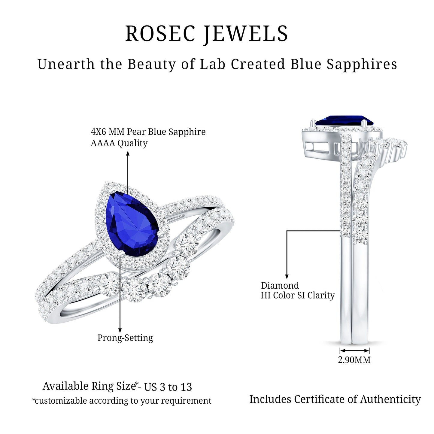 Certified Lab Grown Blue Sapphire Diamond Pear Shaped Engagement Ring Set