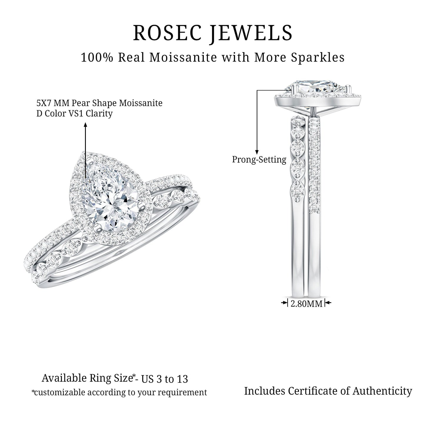 0.7 Carat Moissanite Teardrop Wedding Ring Set with Halo
