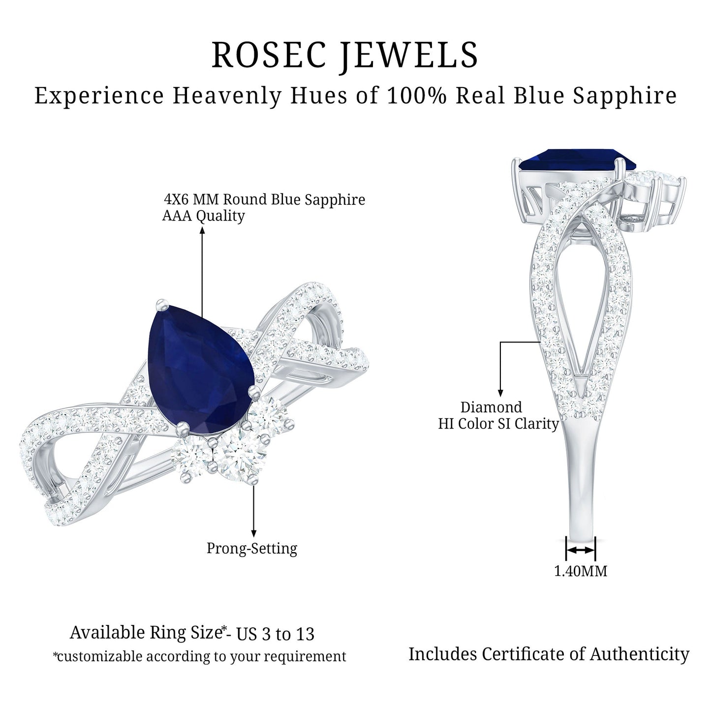 Real 0.5 Blue Sapphire Pear Shape Engagement Ring with Diamond Crossover