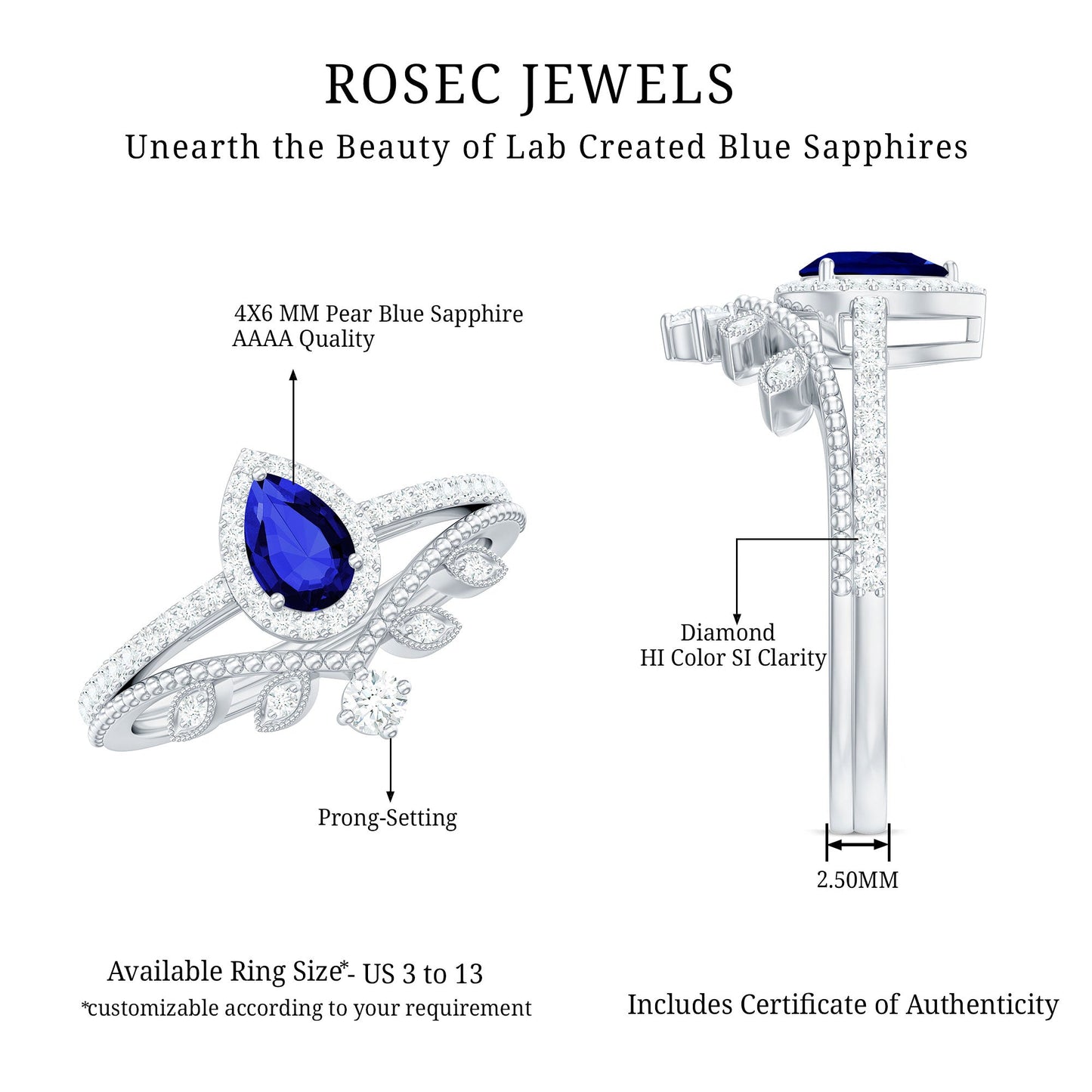 Lab Grown Blue Sapphire Pear Shaped Engagement Ring Set with Diamond