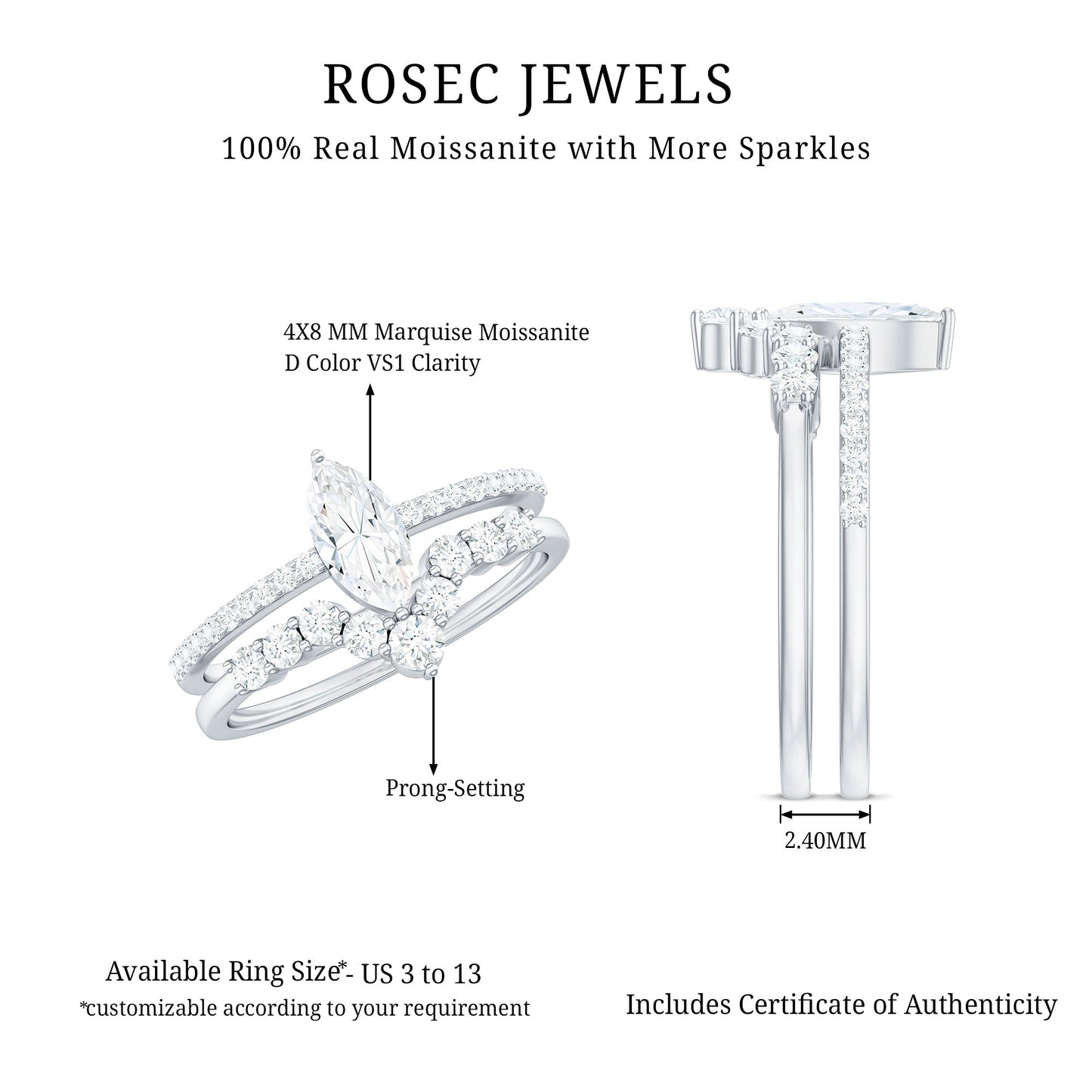 Marquise Cut Moissanite Engagement Ring with V-Shaped Wedding Band