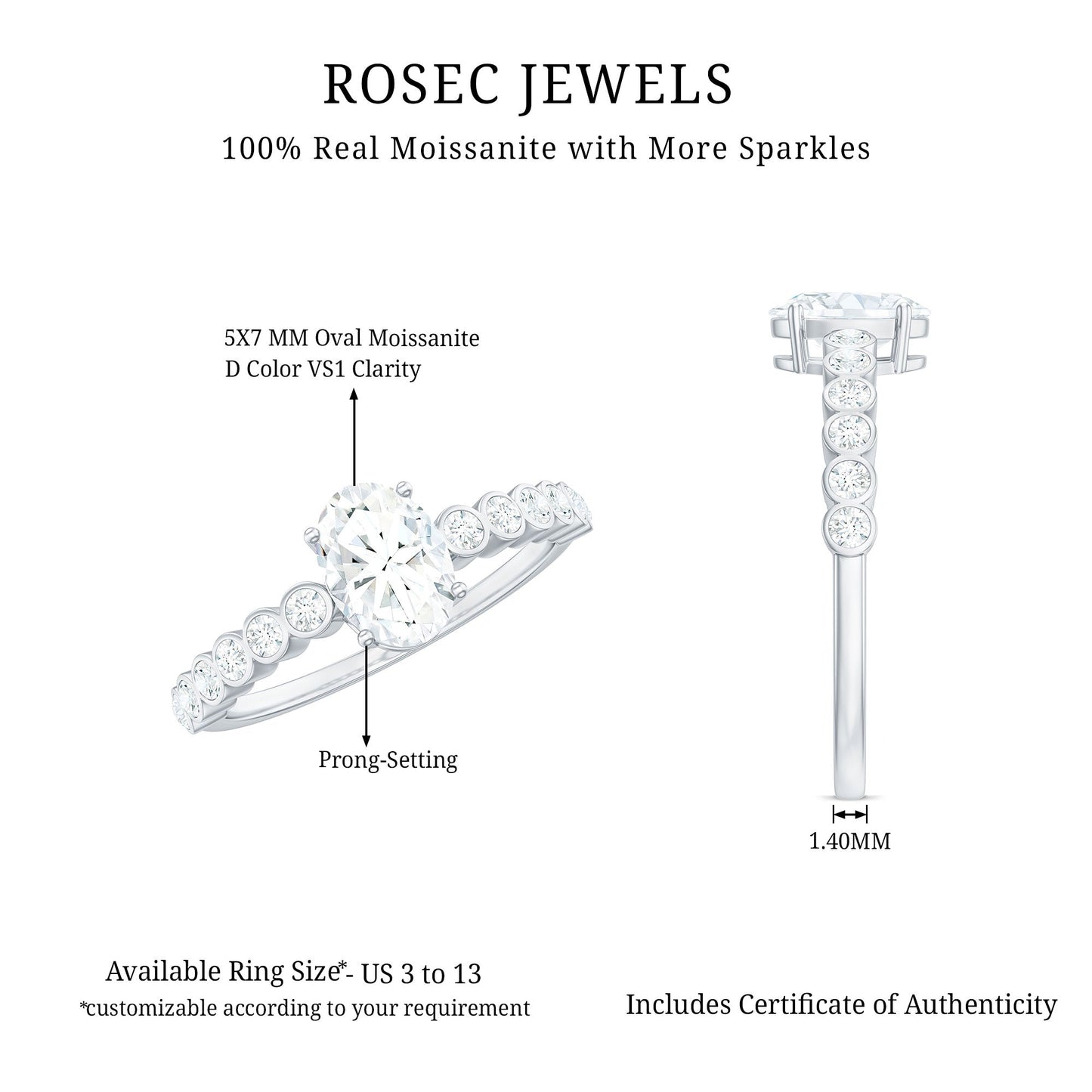 Oval Cut Moissanite Engagement Ring with Side Stones