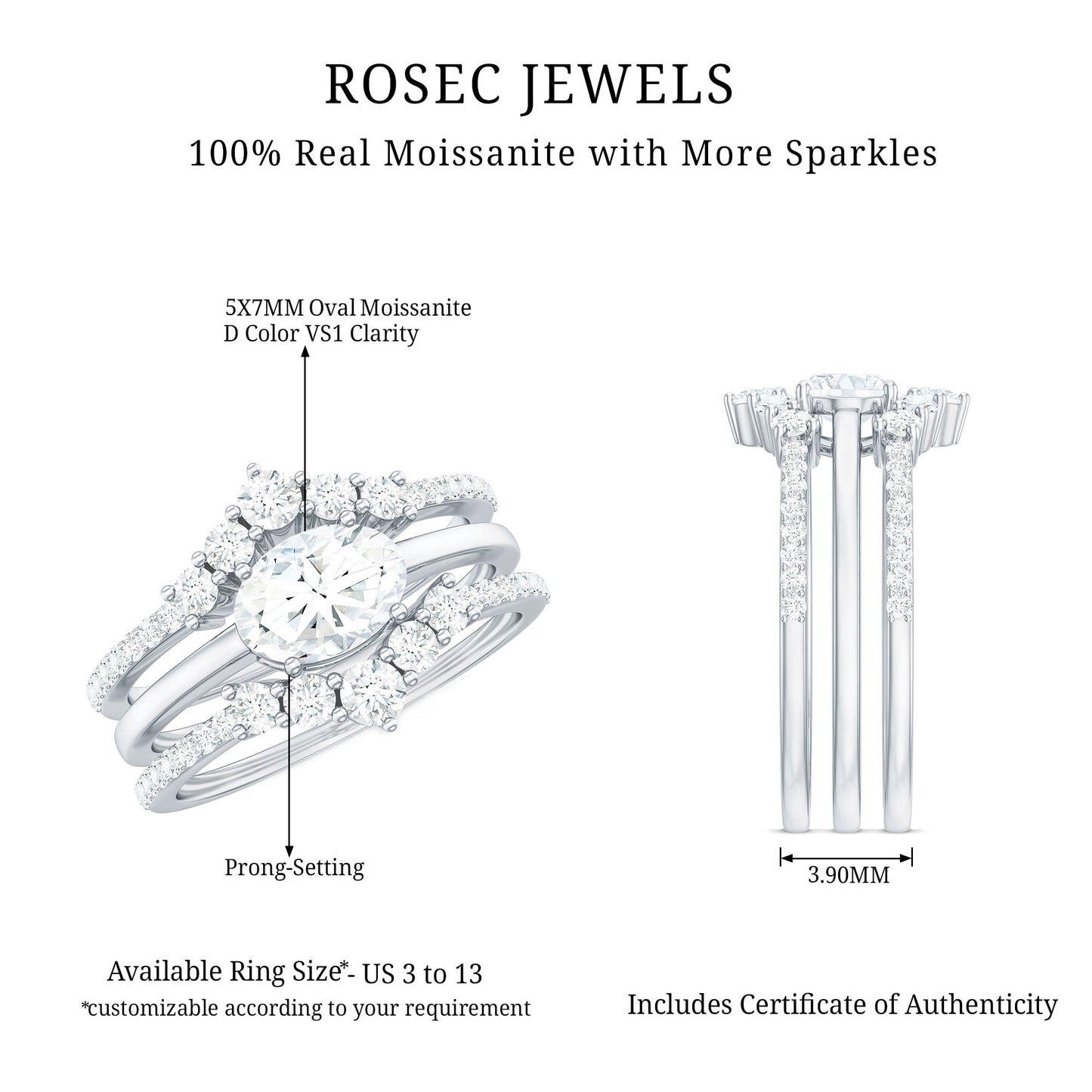 Brilliant Cut Moissanite Trio Wedding Ring Set with Certificate