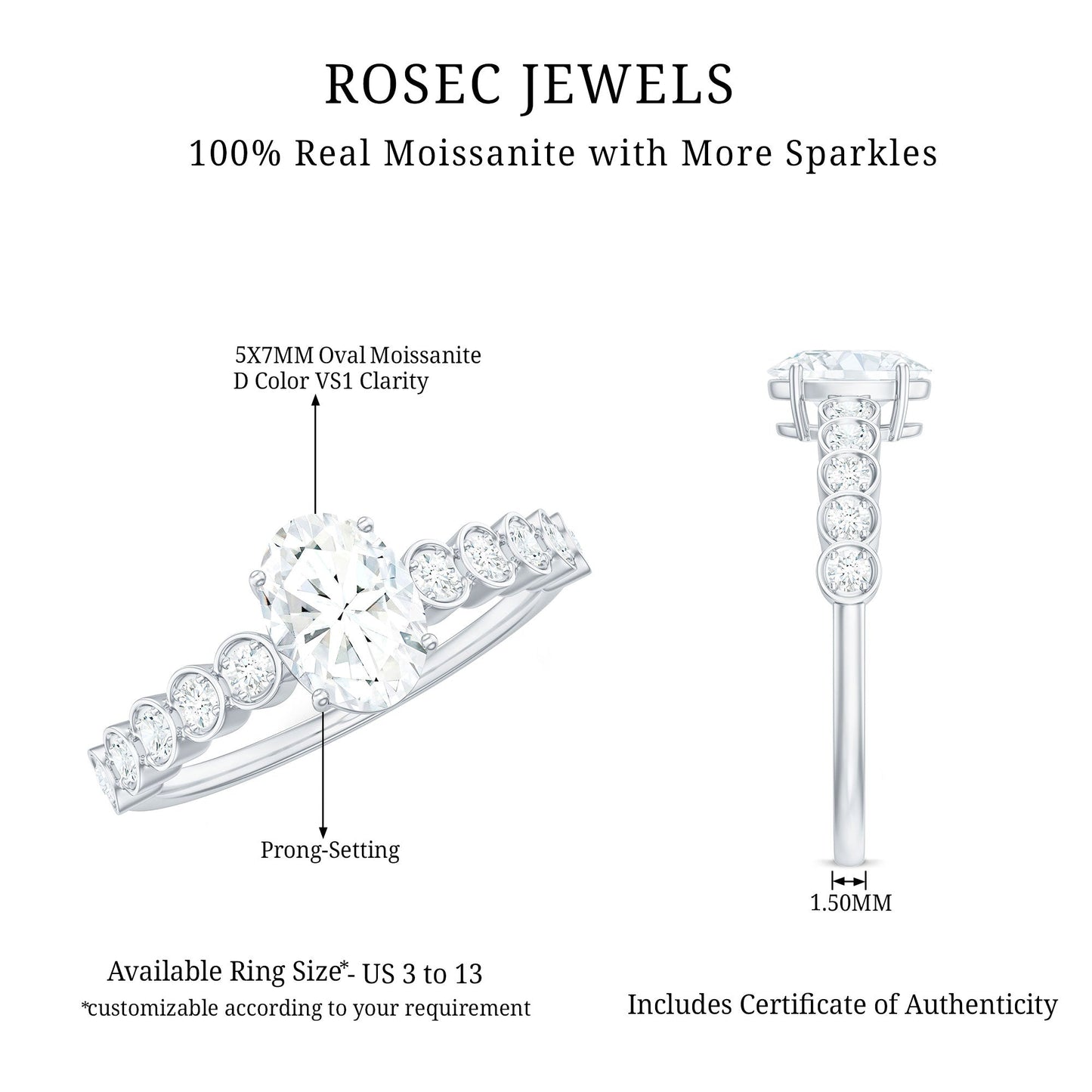 Certified Moissanite Oval Cut Engagement Ring with Side Stones