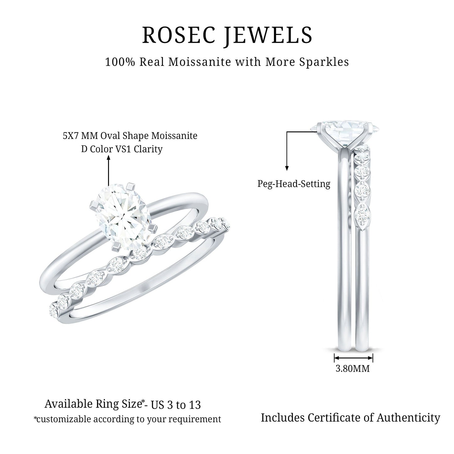 Oval Cut Moissanite Solitaire Bridal Ring Set for Women