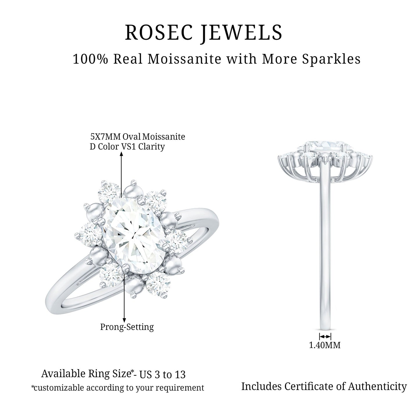 Certified Oval Moissanite Flower Halo Engagement Ring