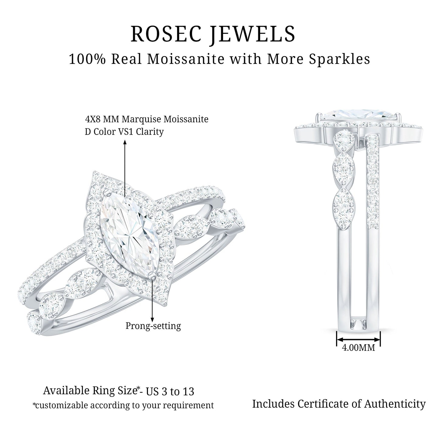 Marquise Cut Moissanite Double Band Engagement Ring with Certificate