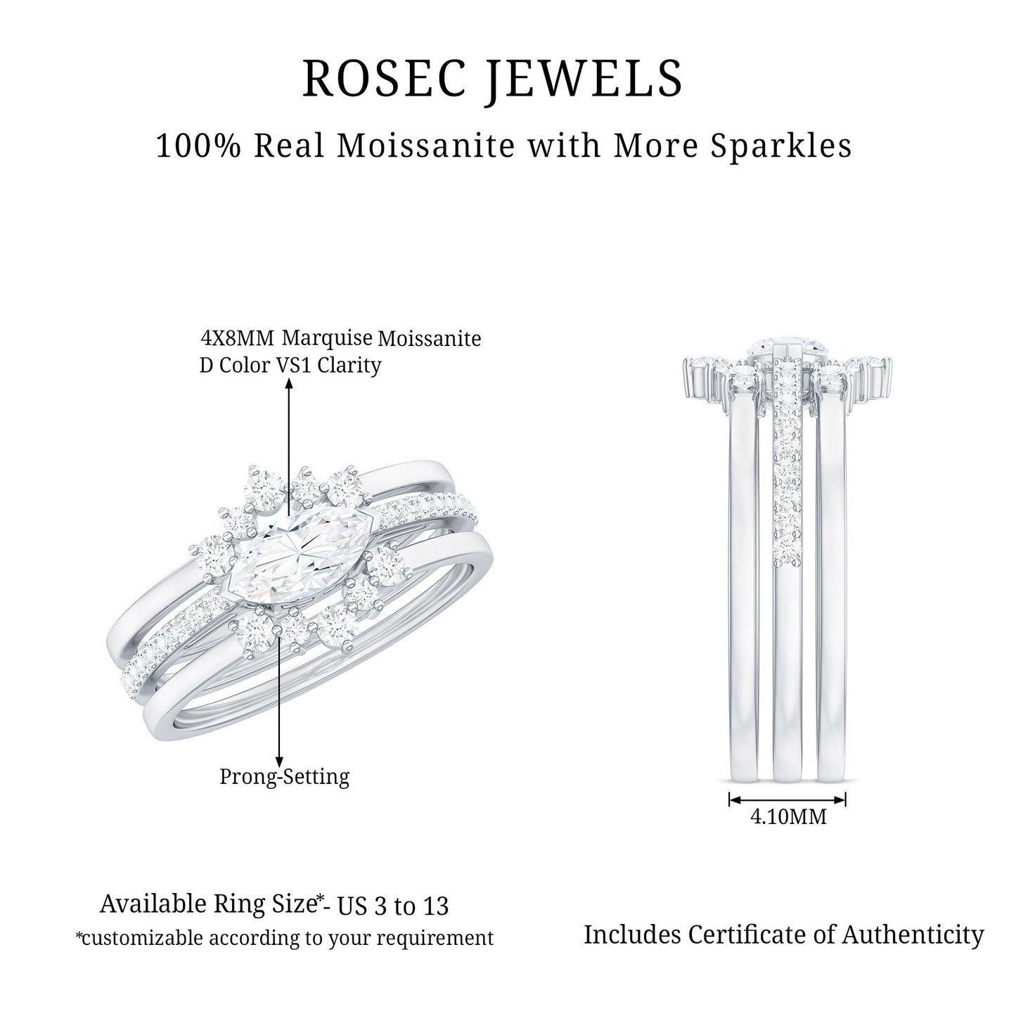 Certified Moissanite Trio Bridal Ring Set for Women
