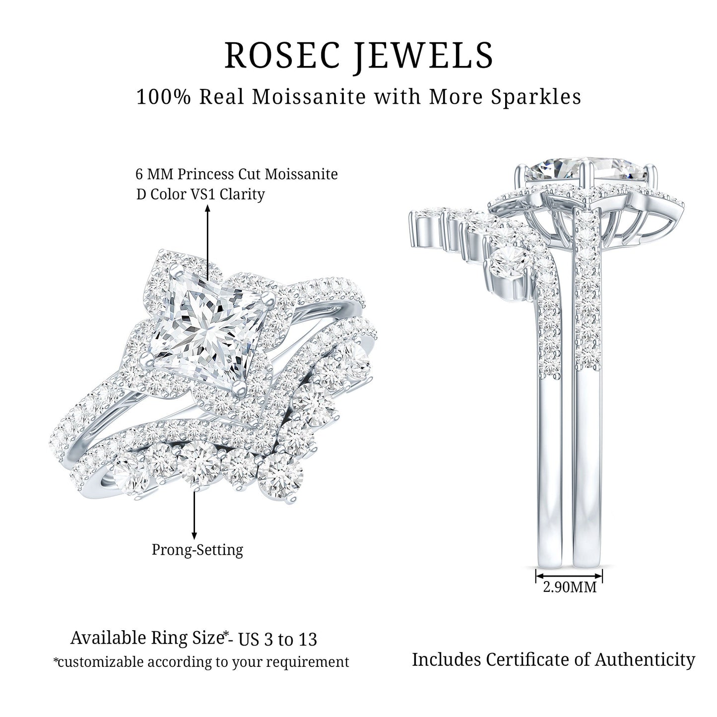 Certified Moissanite Statement Wedding Ring Set
