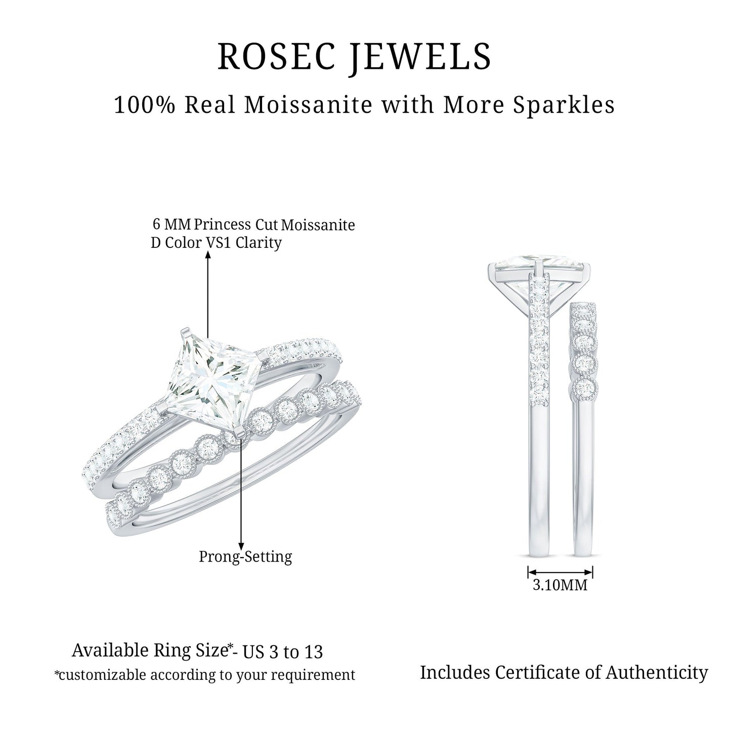 Princess Cut Moissanite Engagement Ring with Wedding Band Set