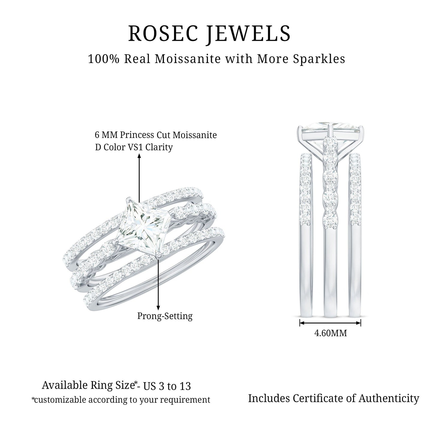 1.25 Carat Princess Cut Moissanite 3 Piece Bridal Ring Set