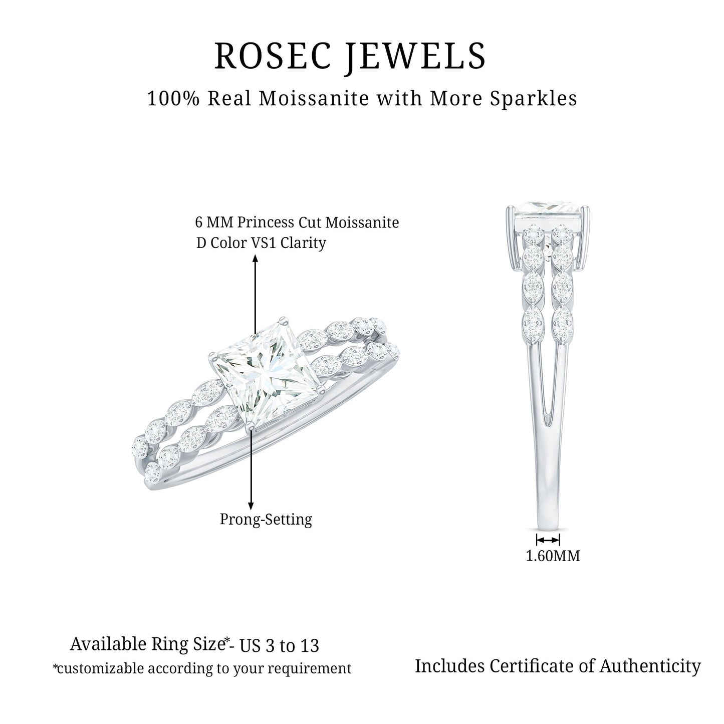 Certified Moissanite Princess Cut Engagement Ring in Double Band