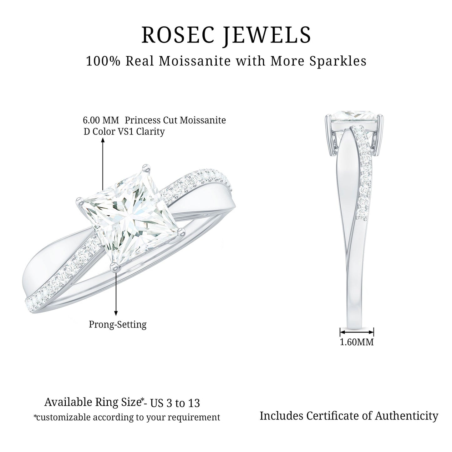Solitaire Moissanite Princess Cut Engagement Ring