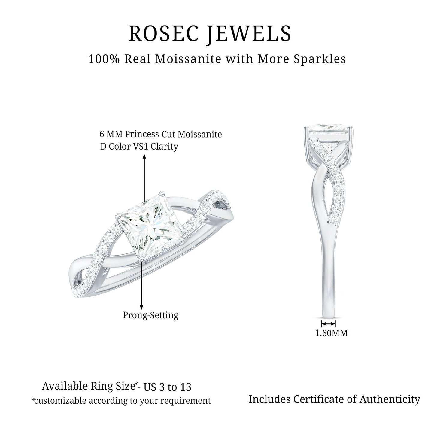 Princess Cut Moissanite Crossover Engagement Ring for Women