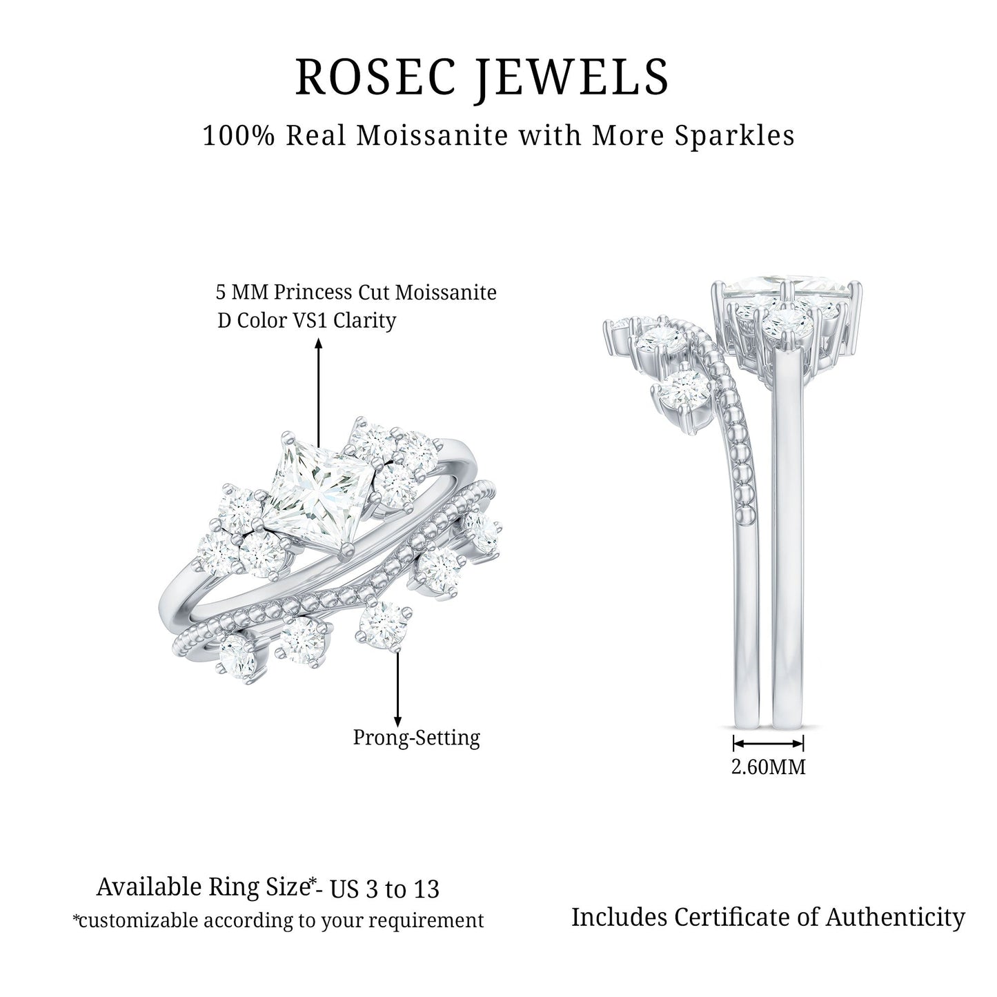 Princess and Round Cut Moissanite Wedding Ring Set