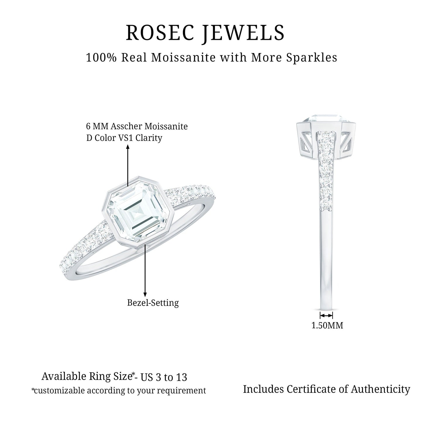 Asscher Cut Moissanite Solitaire Engagement Ring in Bezel Setting