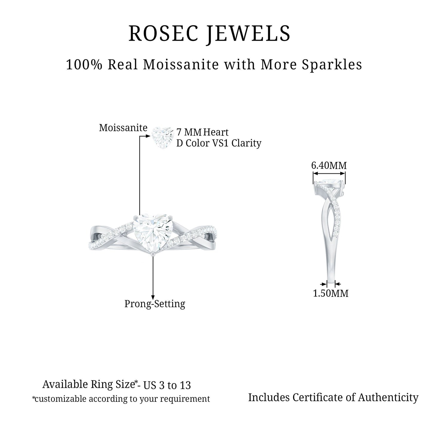 1.50 CT Heart Shape Moissanite Crossover Engagement Ring