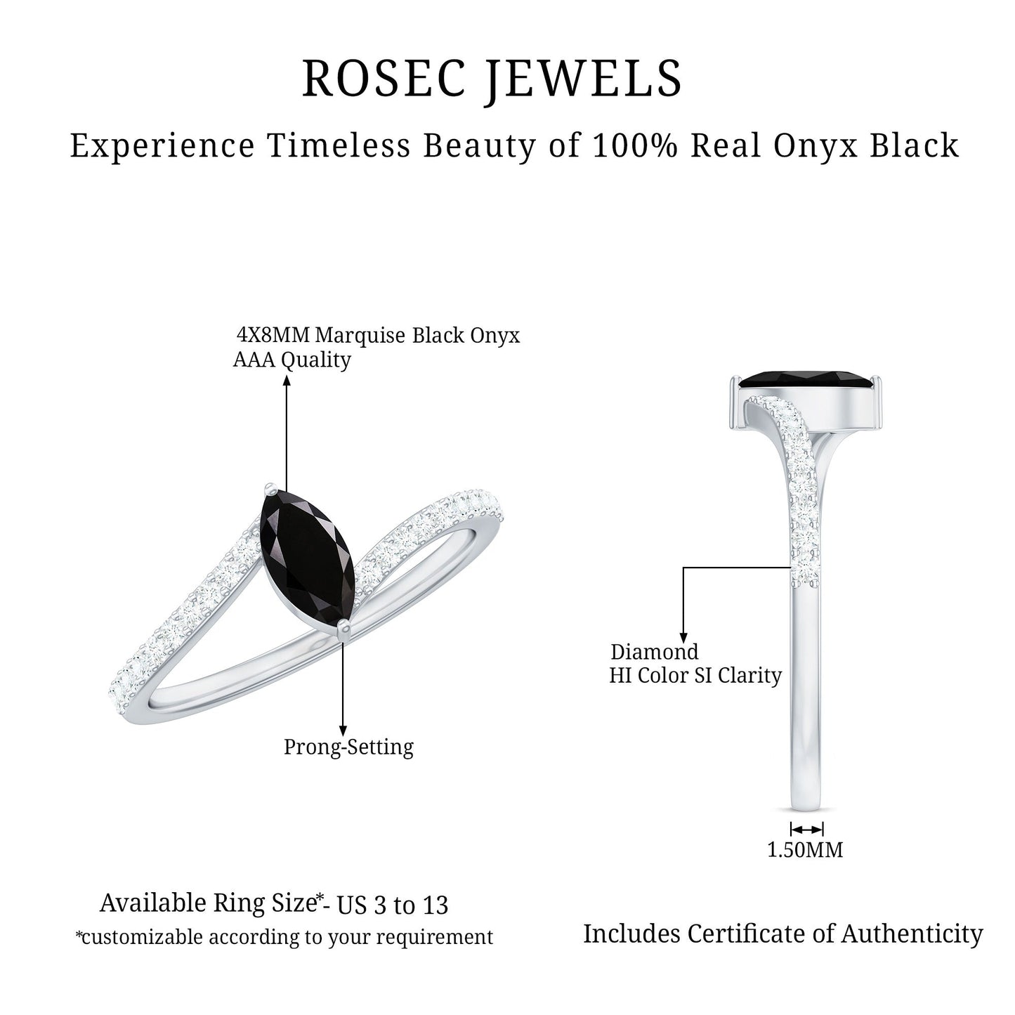 0.7 Carat Marquise Cut Black Onyx Promise Ring with Diamond Bypass Shank