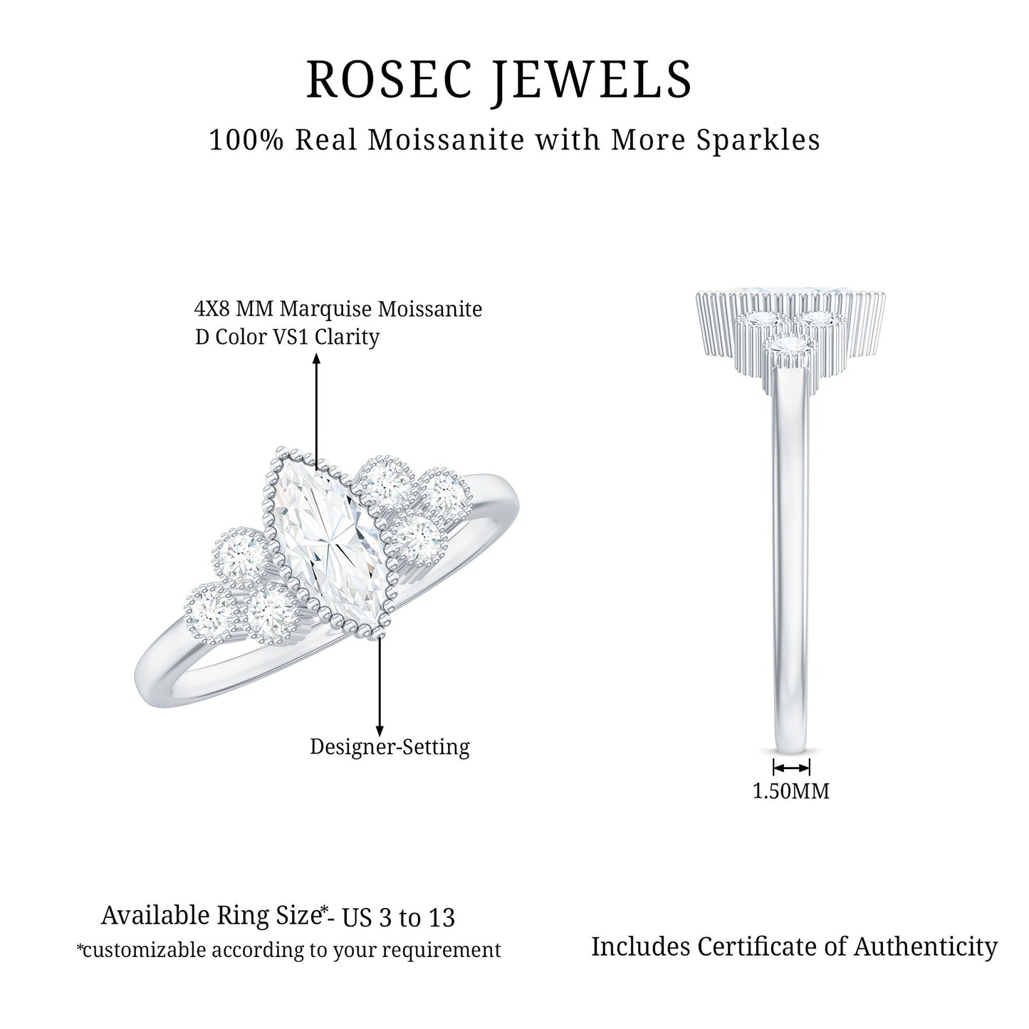 Marquise Moissanite Engagement Ring with Trios