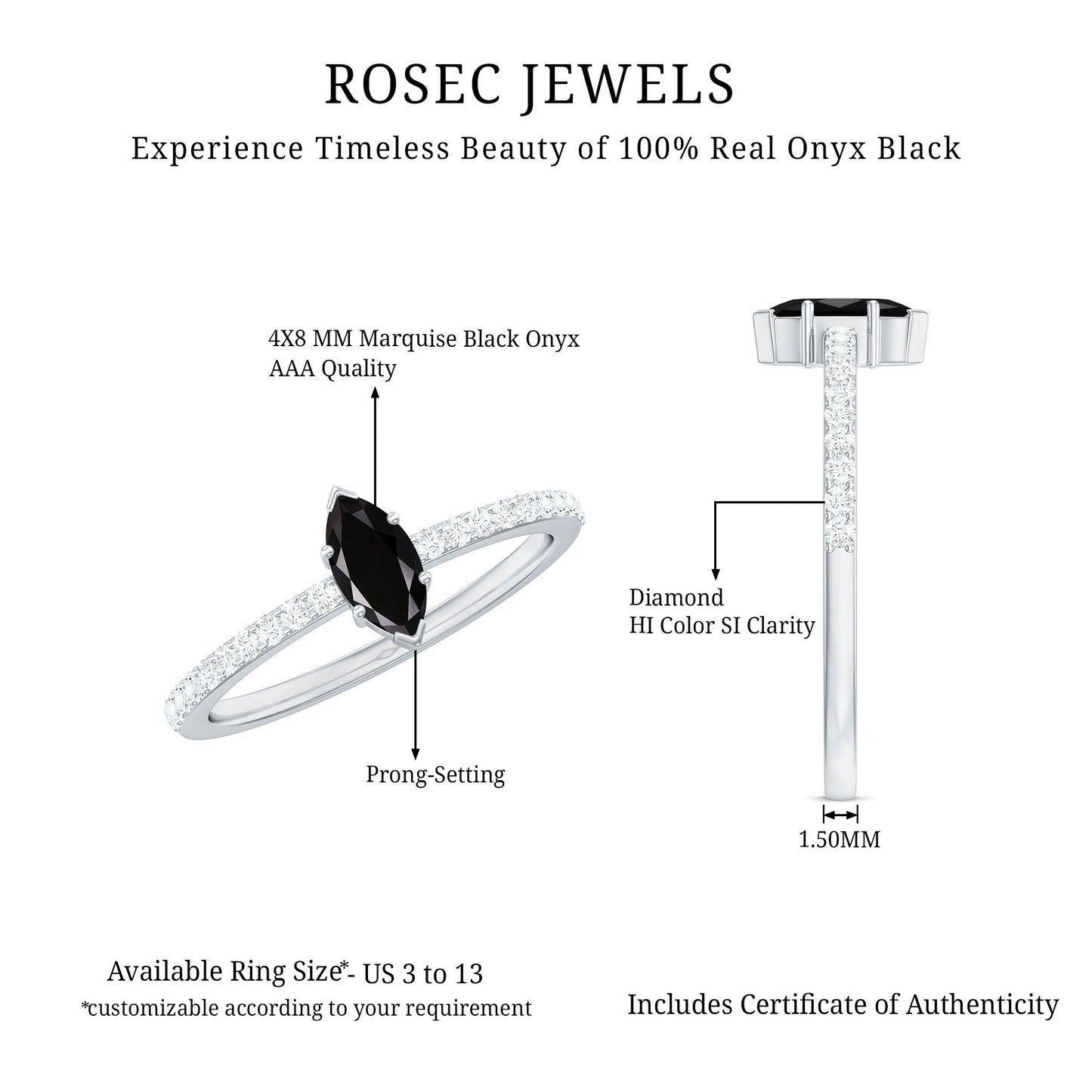 0.7 Carat Marquise Cut Black Onyx Minimal Promise Ring with Diamond