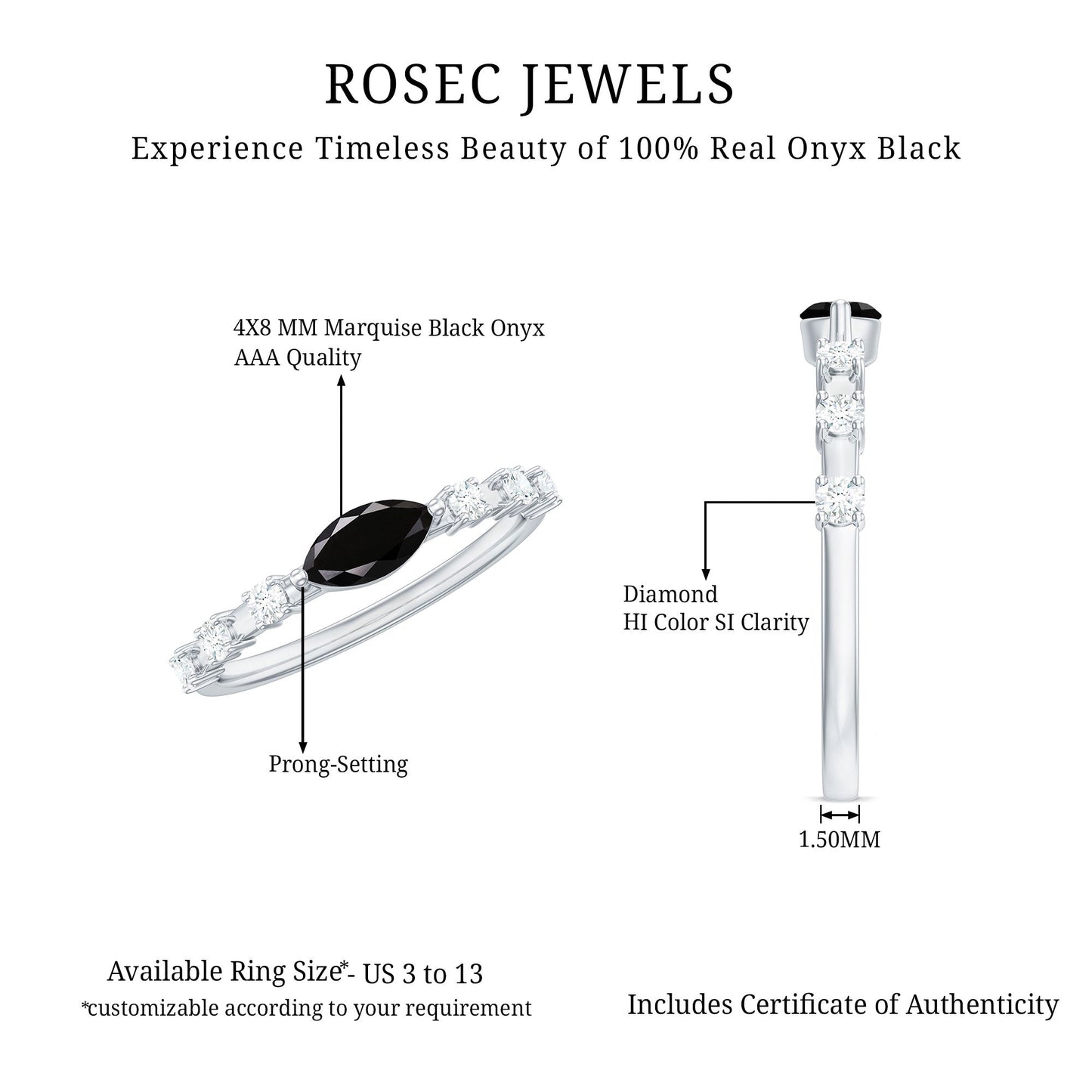 0.7 Carat Marquise Cut Black Onyx Minimal East West Ring with Diamond