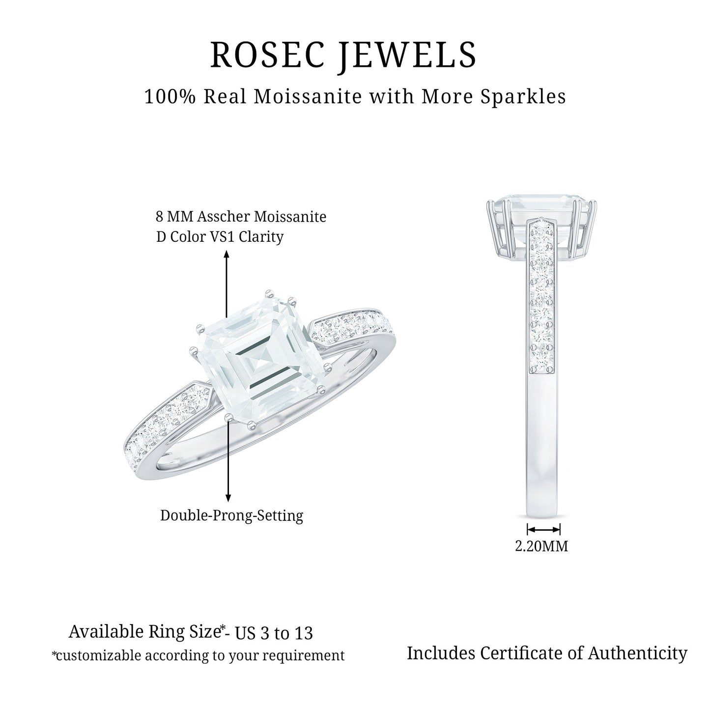 3 Carat Asscher Cut Moissanite Solitaire Engagement Ring with Side Stones