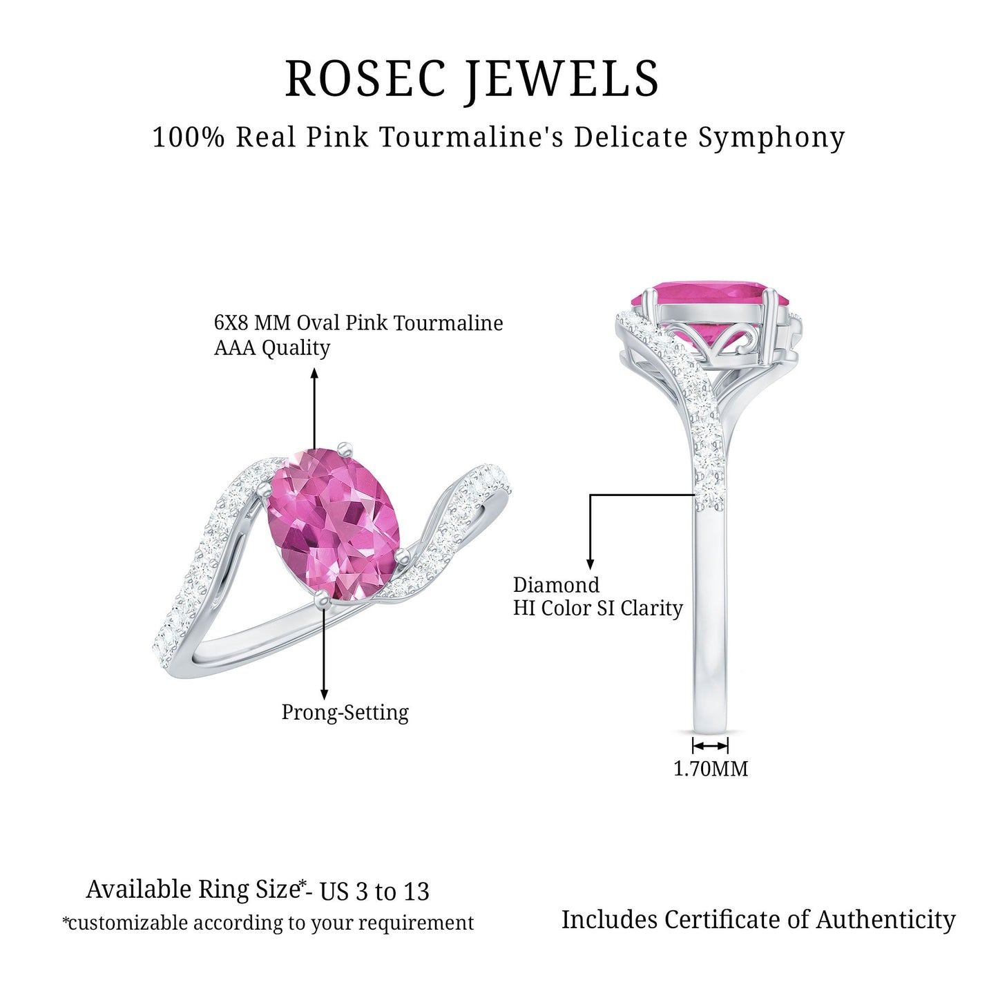 Natural Pink Tourmaline Solitaire Bypass Ring with Diamond