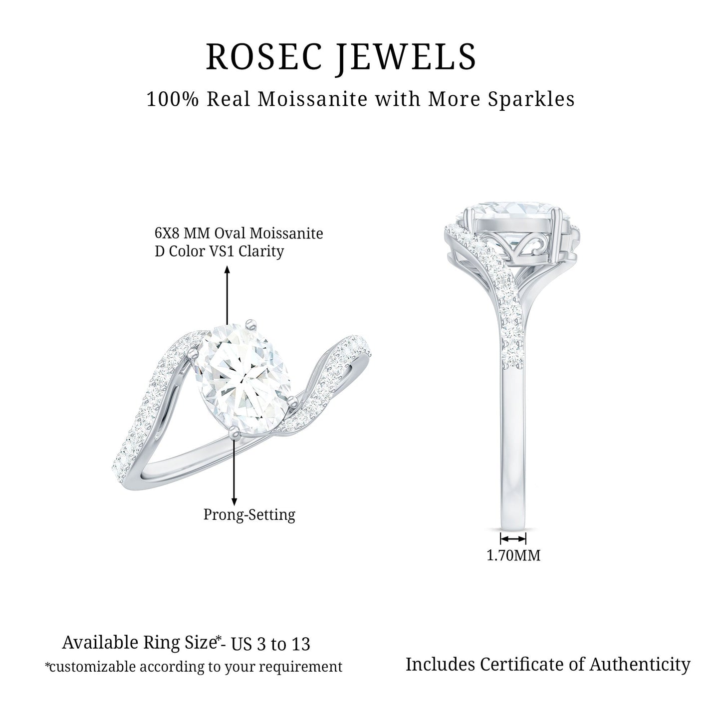 1.2 Carat Moissanite Oval Engagement Ring with Bypass Shank