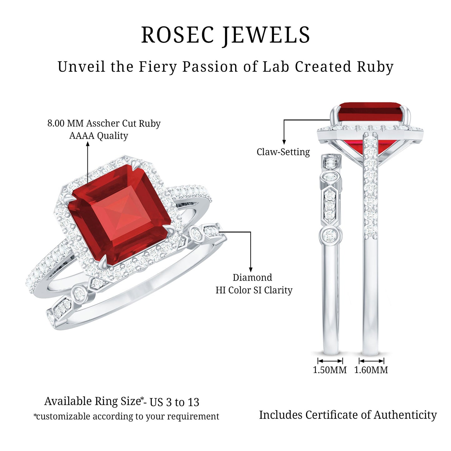 Lab Grown Ruby and Diamond Asscher Cut Engagement Ring With Enhancer