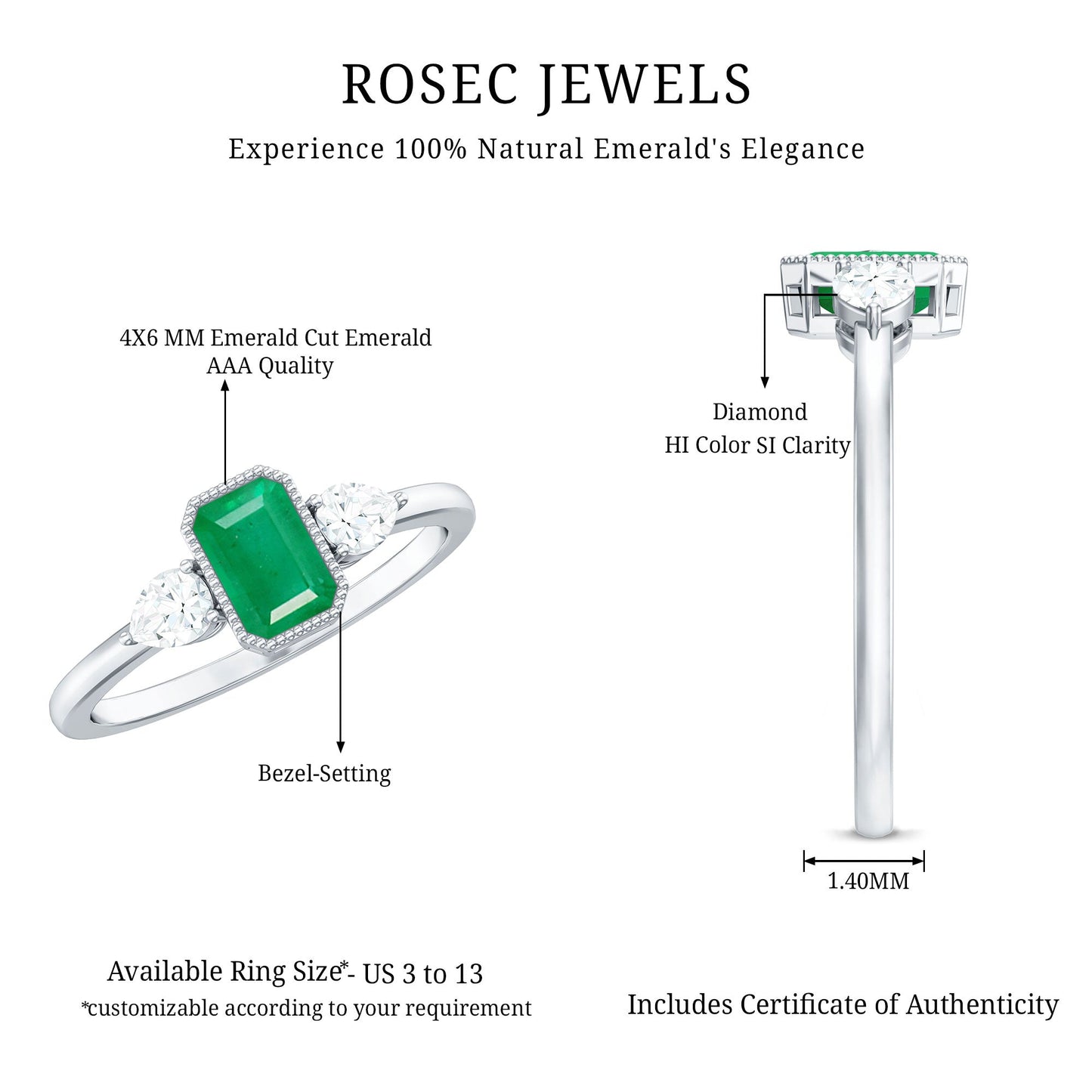 0.6 Carat Emerald 3 Stone Ring with Diamond