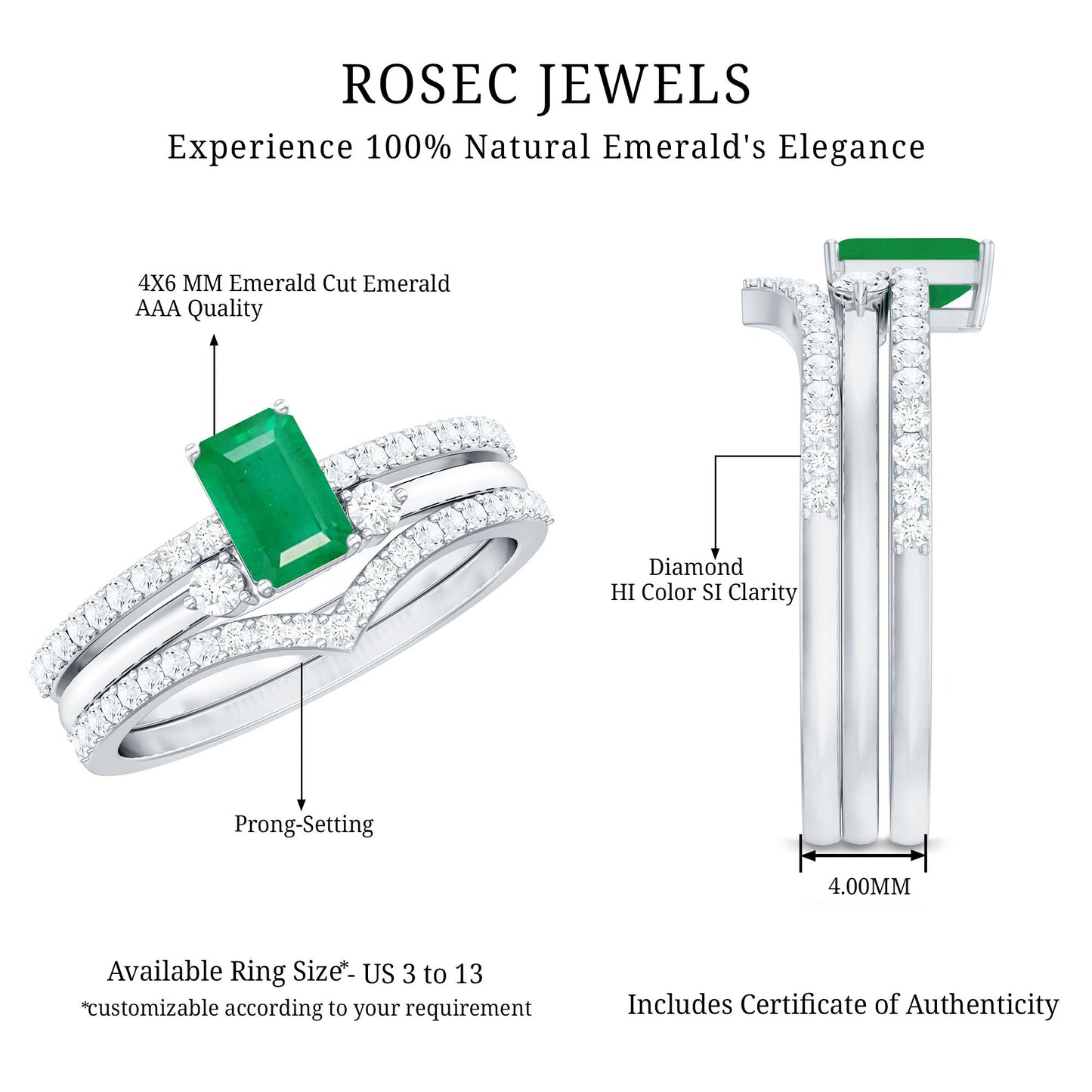 0.6 Carat Natural Emerald Cut Emerald Diamond 3 Piece Bridal Ring Set