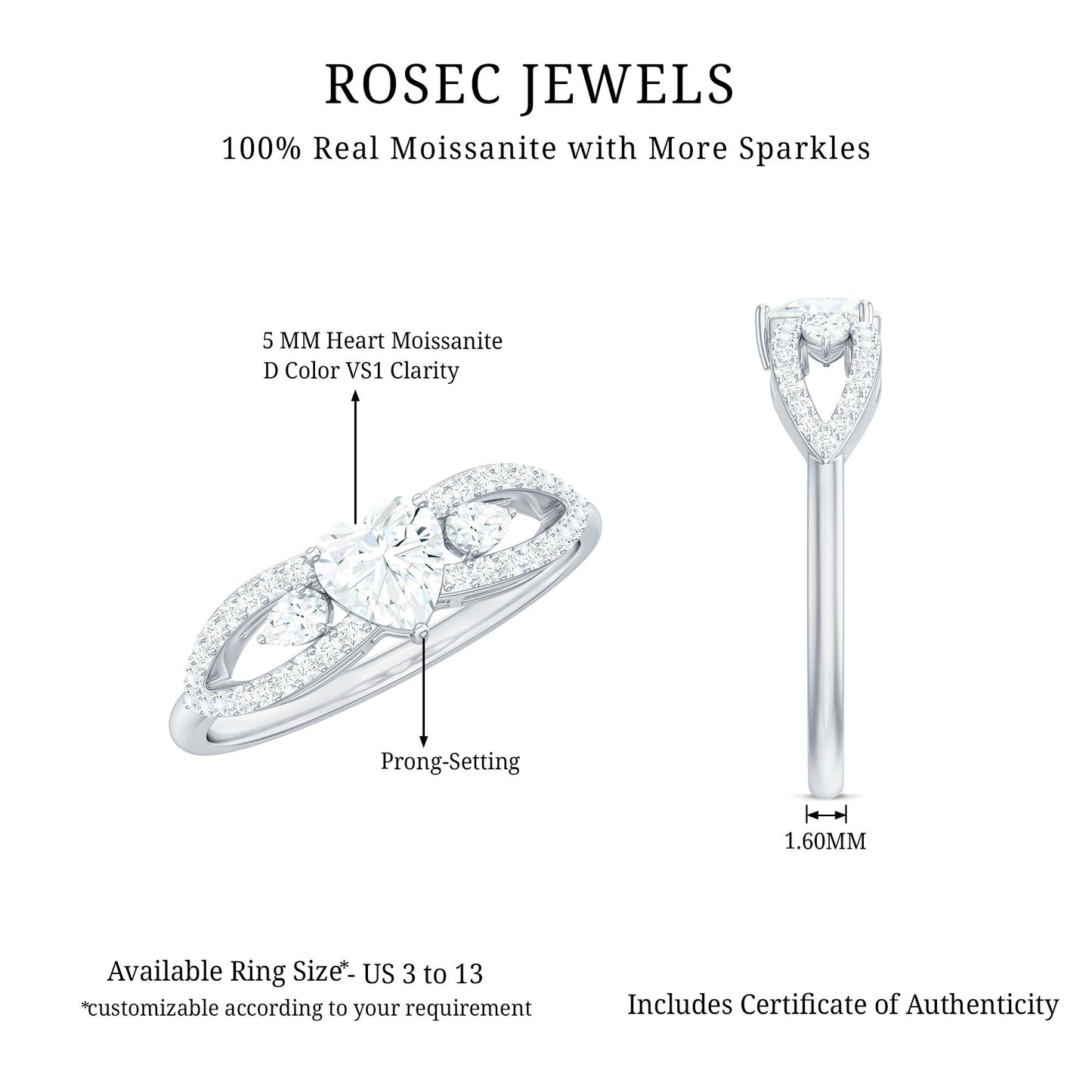 Certified Moissanite Heart Promise Ring with Split Shank