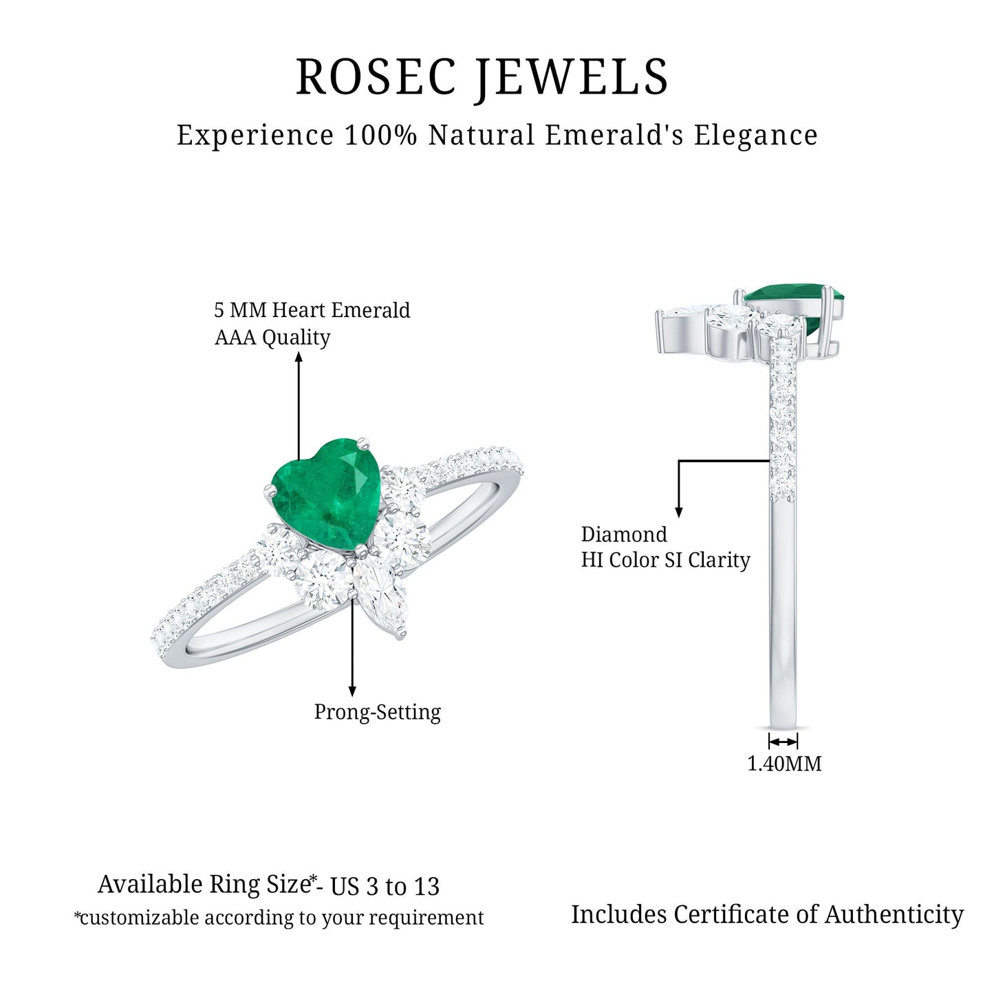 Natural Emerald Heart Promise Ring with Diamond