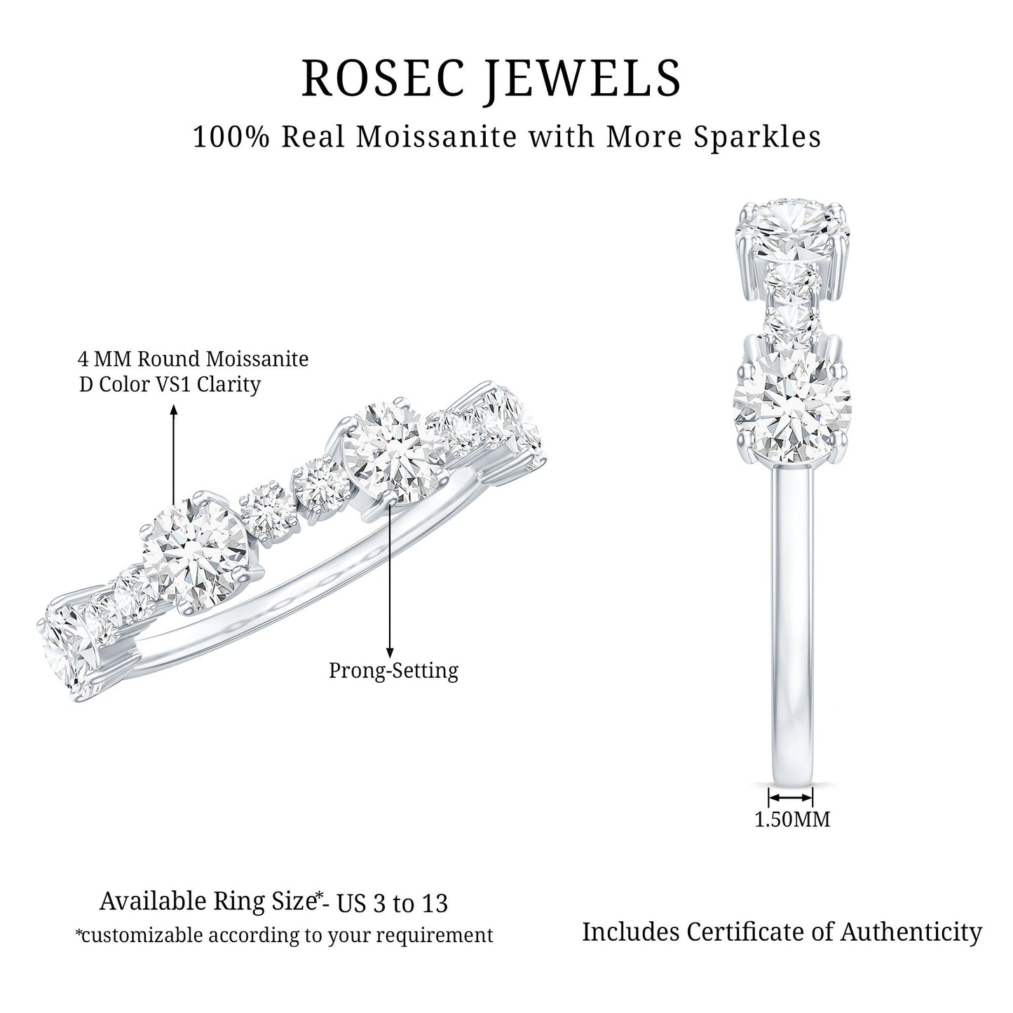 Round Moissanite Half Eternity Wedding Band