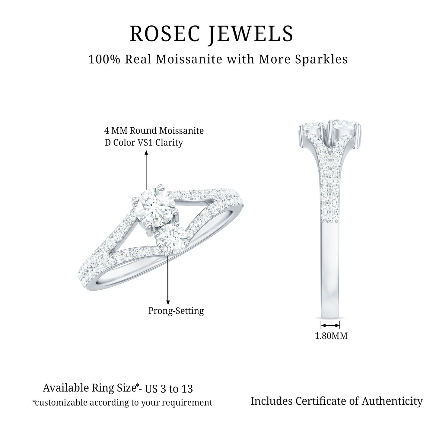 Moissanite Toi et Moi Engagement Ring with Split Shank