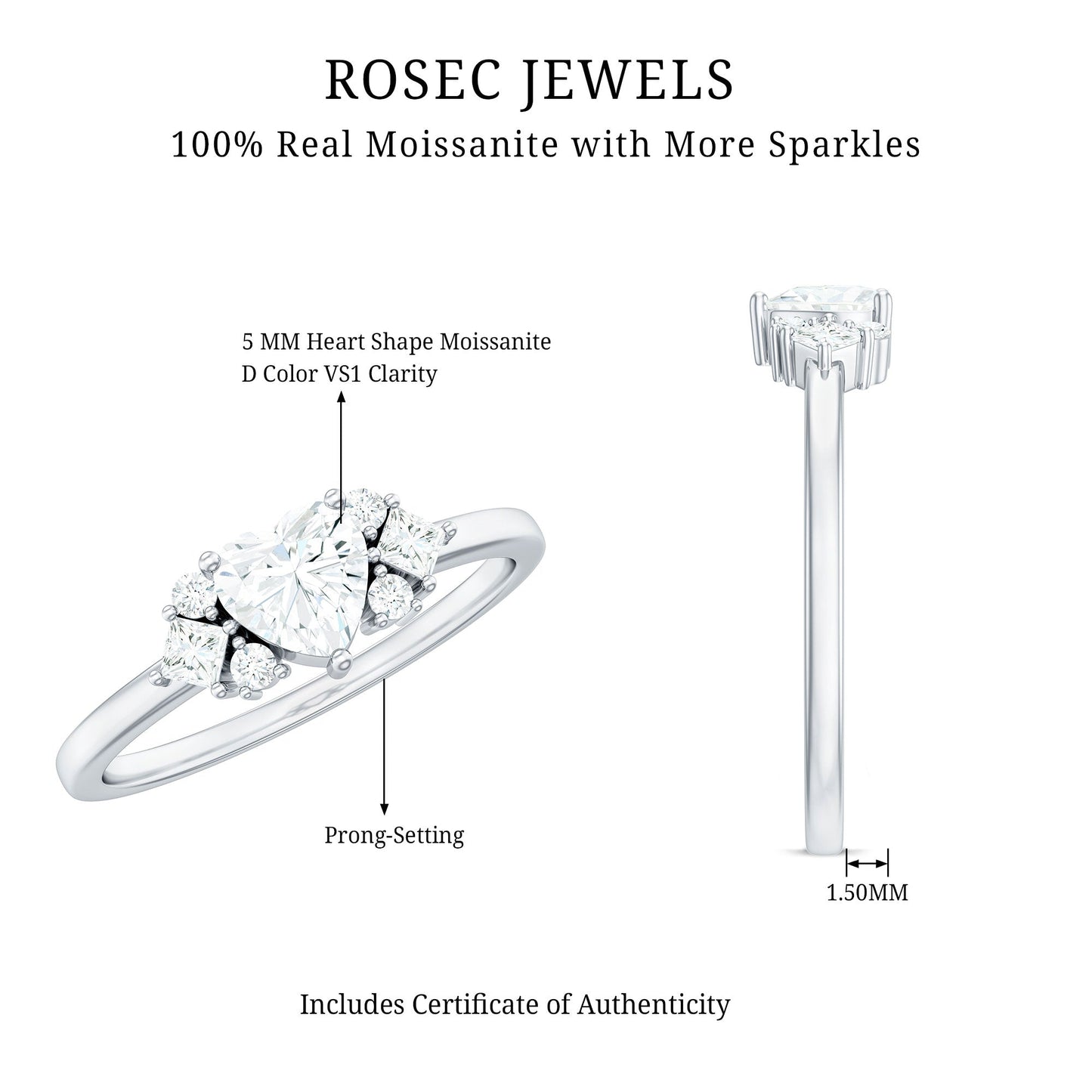 Heart Shape Moissanite Engagement Ring with Cluster Stones