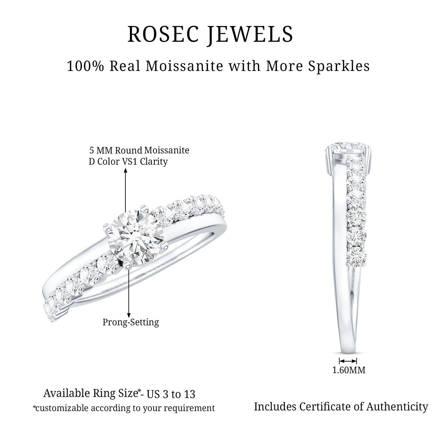 Round Cut Moissanite Engagement Ring with Side Stones