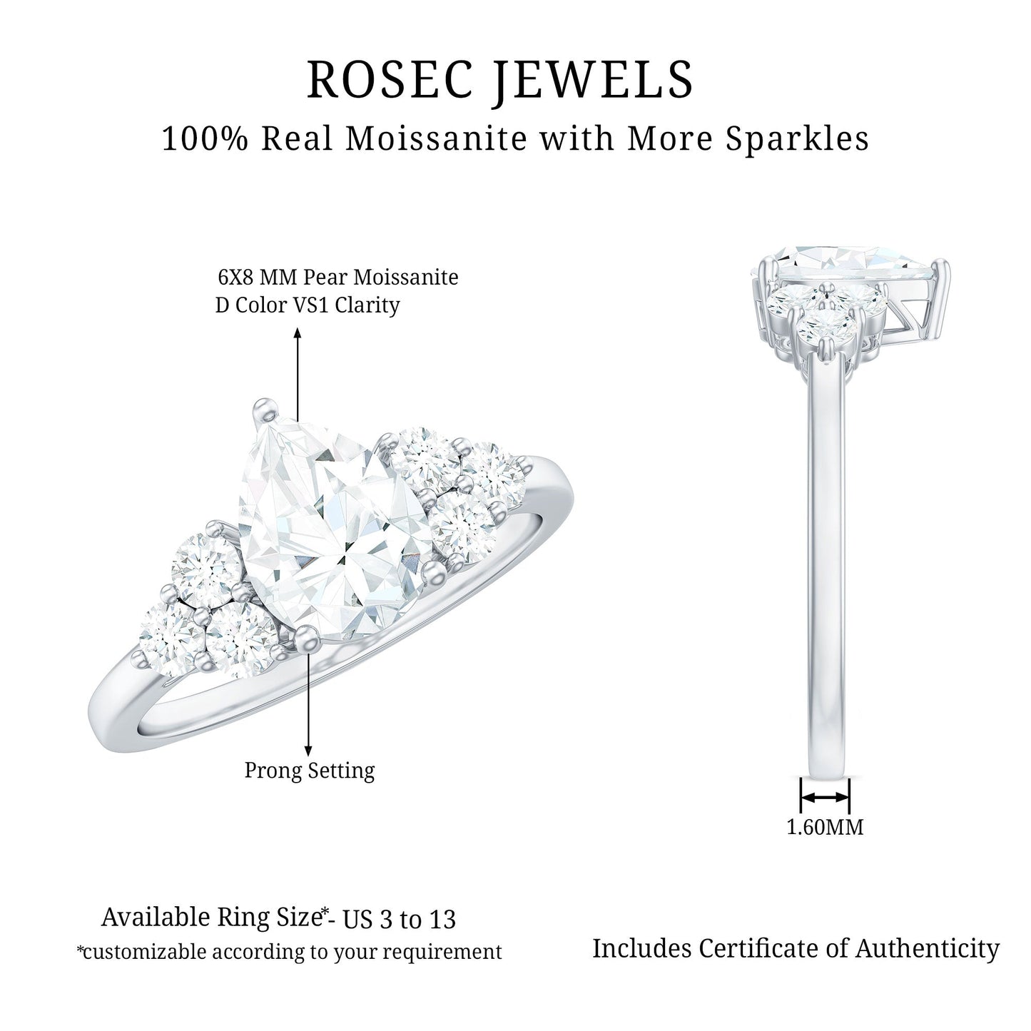 Certified 1.3 Carat Moissanite Pear Engagement Ring with Trio