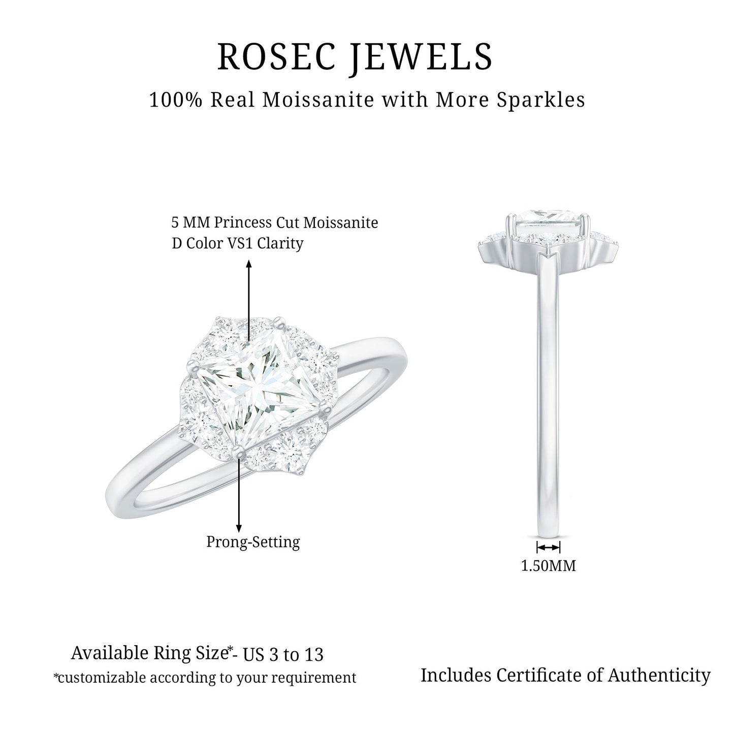 Princess Cut Moissanite Floral Engagement Ring for Women