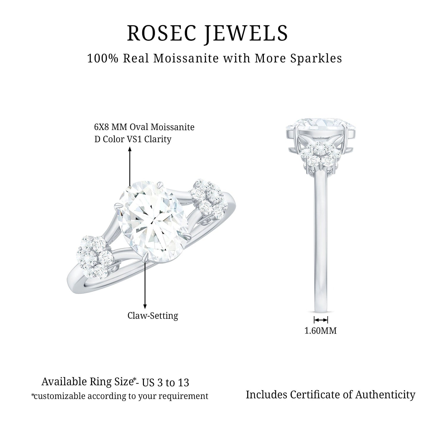 Oval Cut Moissanite Flower Engagement Ring in Split Shank