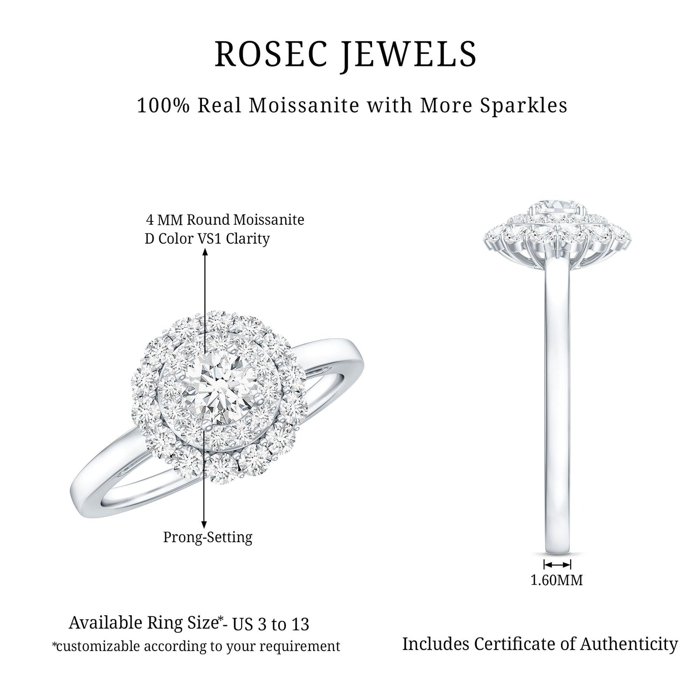 Certified Round Moissanite Double Halo Engagement Ring