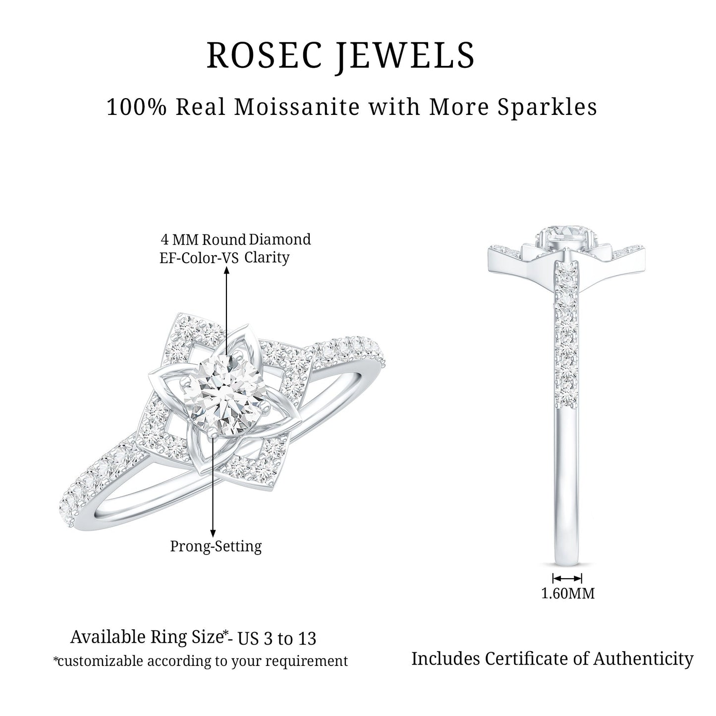 Certified Moissanite Floral Engagement Ring For Her