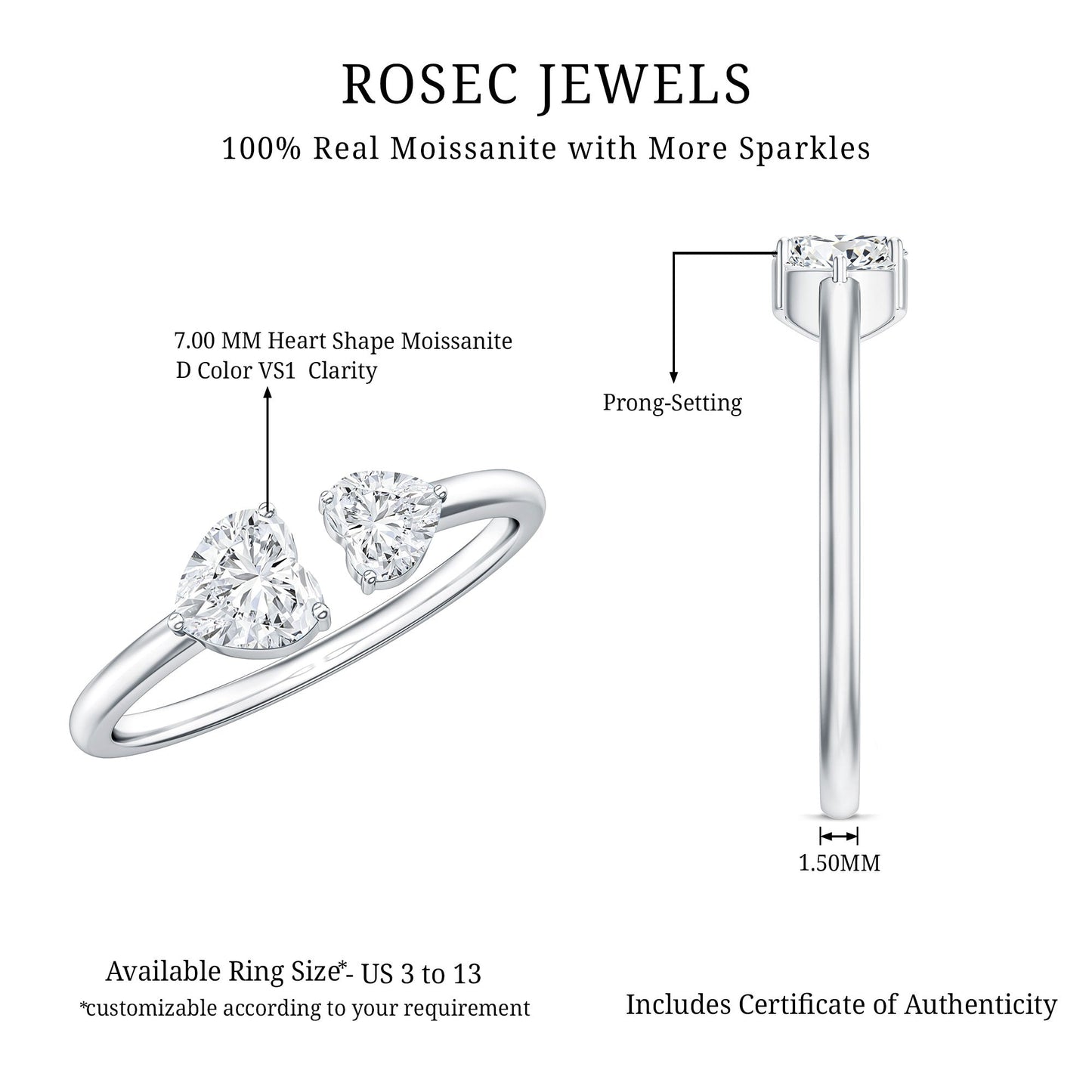 Heart Shape Moissanite Two Stone Cuff Ring
