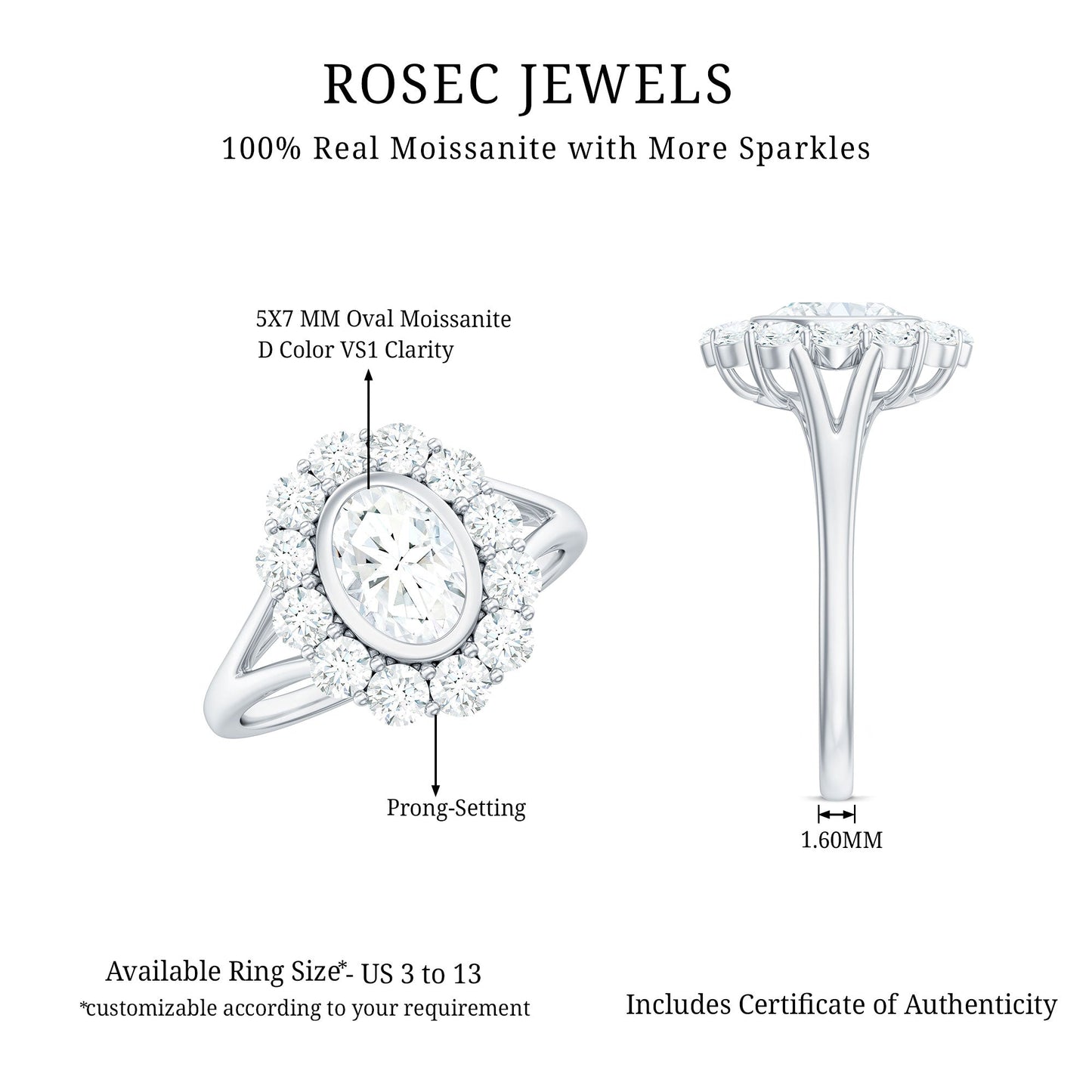 Oval Cut Moissanite Halo Engagement Ring with Split Shank