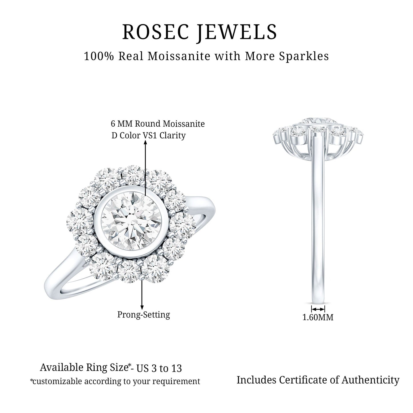 Round Moissanite Statement Engagement Ring with Halo