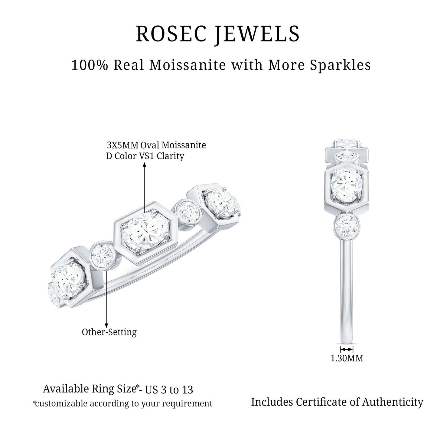 Oval and Round Certified Moissanite Half Eternity Ring