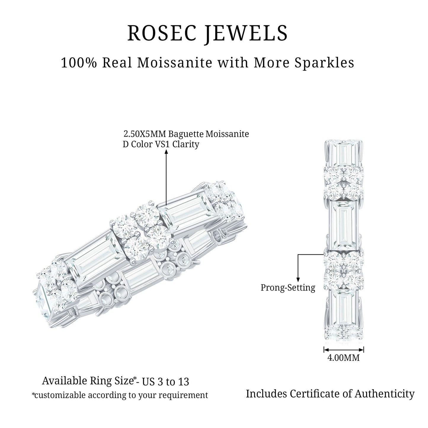 Moissanite Round and Baguette Wedding Band