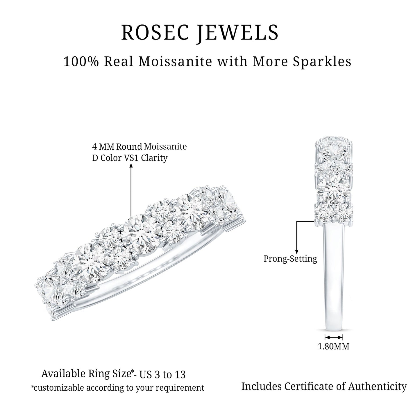 Moissanite Half Eternity Wedding Band with Certificate